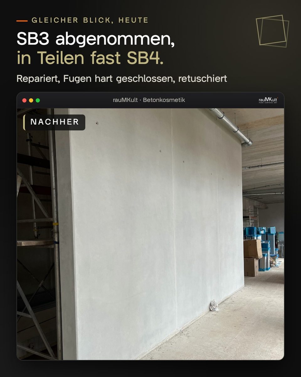 Gleicher Blick auf die Wand nachher: repariert, Fugen hart geschlossen, retuschiert