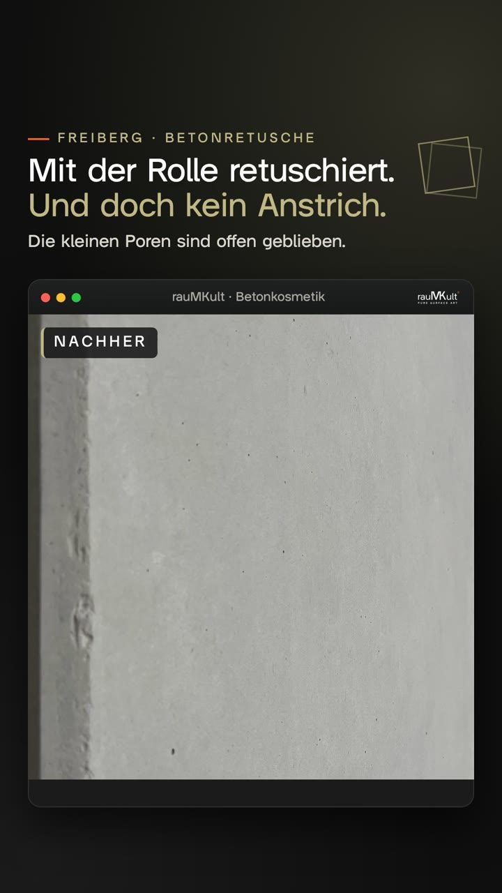 Hochkantvideo: Eine Wandscheibe aus Betonfertigteilen wird mit Naturschwammrolle und Betonlasur vollflächig retuschiert, am Anfang die fertige Betonoberfläche mit offenen Poren