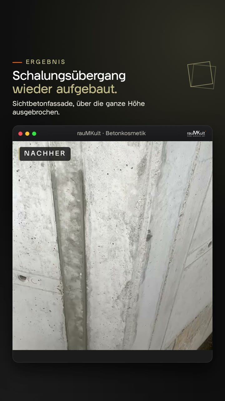 Wieder aufgebaute, grob strukturierte Kante eines Schalungsübergangs an einer Sichtbetonfassade nach der Grobbetonkosmetik