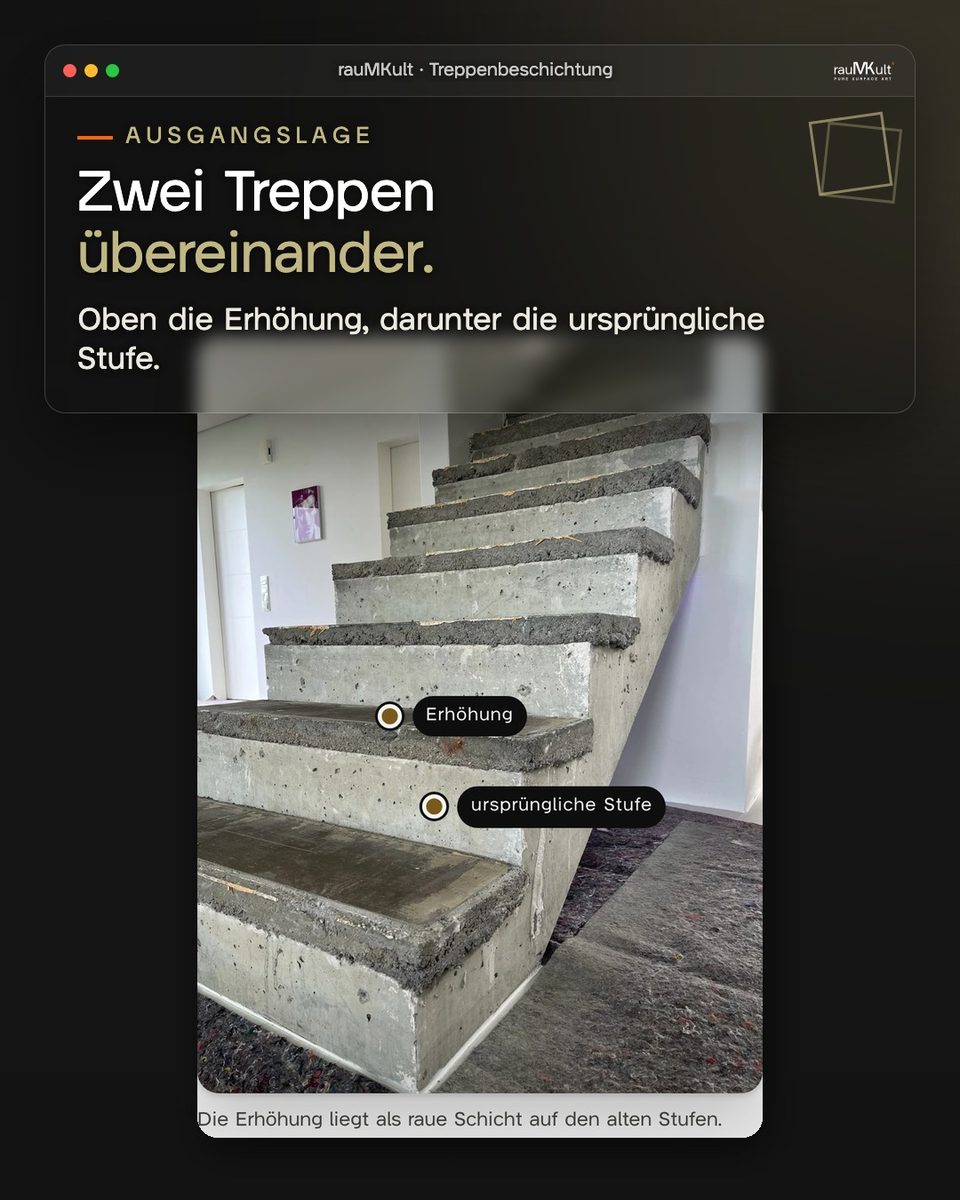 Vorher: Bestandstreppe von der Seite mit den Markern Erhöhung und ursprüngliche Stufe