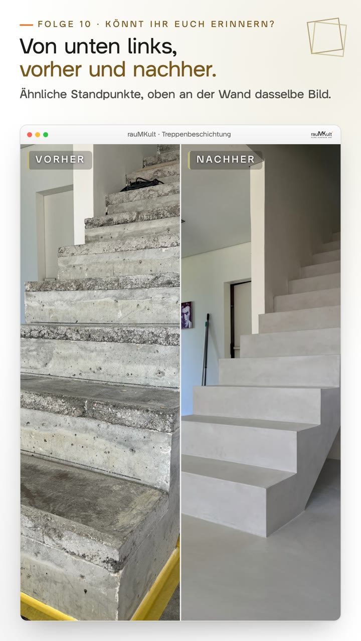 Hochkantvideo: zweimal Vorher neben Nachher von ähnlichen Standpunkten, von unten links mit Bild an der Wand und nah an einer Stufe, dann Treppe und neuer Betonboden im selben Raum und die fertige Treppe von vorn