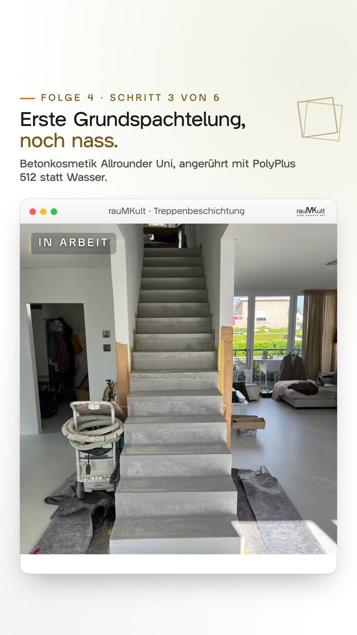 Hochkantvideo: die Treppe nach der ersten Grundspachtelung noch nass, dann die Werkstattkarte der Referenzseite, auf der Mit Wasser und Mit Acrylharzmilch angetippt werden und sich der Eimer füllt, danach die Stufen ganz nah