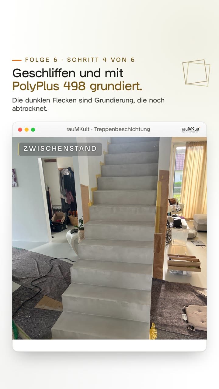 Hochkantvideo: die Treppe frontal nach Schliff und Grundierung mit dunkleren Flecken, dann die Stufen-Skizze mit der Grundierung in Gold und eine Stufenkante ganz nah mit feiner Kornstruktur