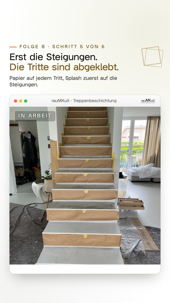 Hochkantvideo: die Treppe frontal mit Papier auf den Tritten, dann die Stufen-Skizze, in der erst die Steigungen und dann die Tritte in Gold erscheinen, danach die Treppe nach der letzten Schicht, die noch abtrocknet