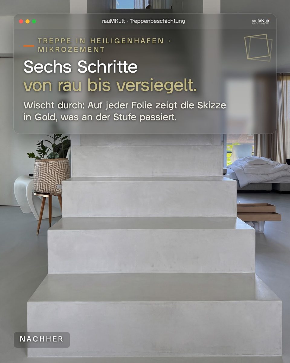 Fertige Treppe aus Mikrozement frontal, Titelfolie zu sechs Schritten von rau bis versiegelt