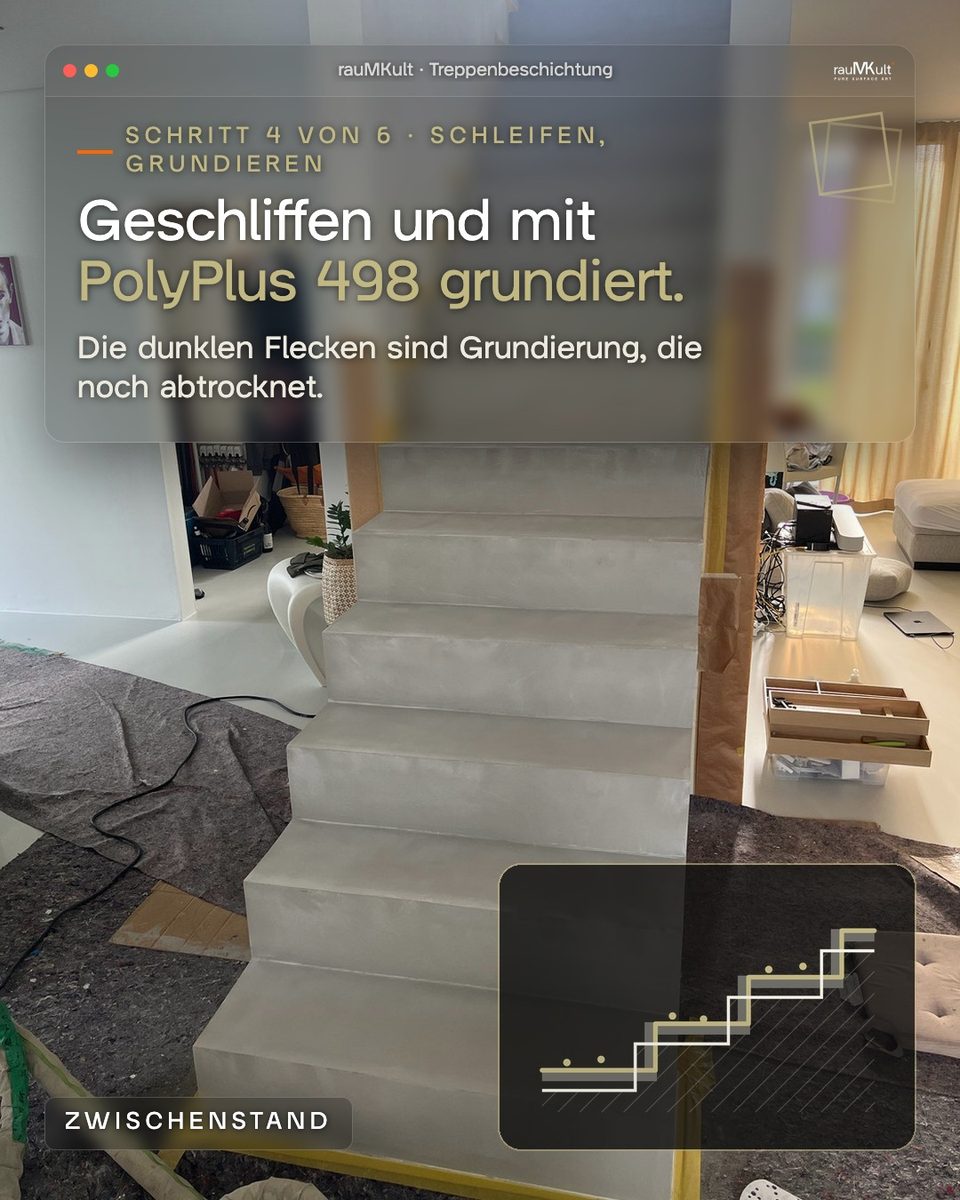 Schritt 4: Treppe nach Schliff und Grundierung mit dunklen Flecken, daneben die Stufen-Skizze