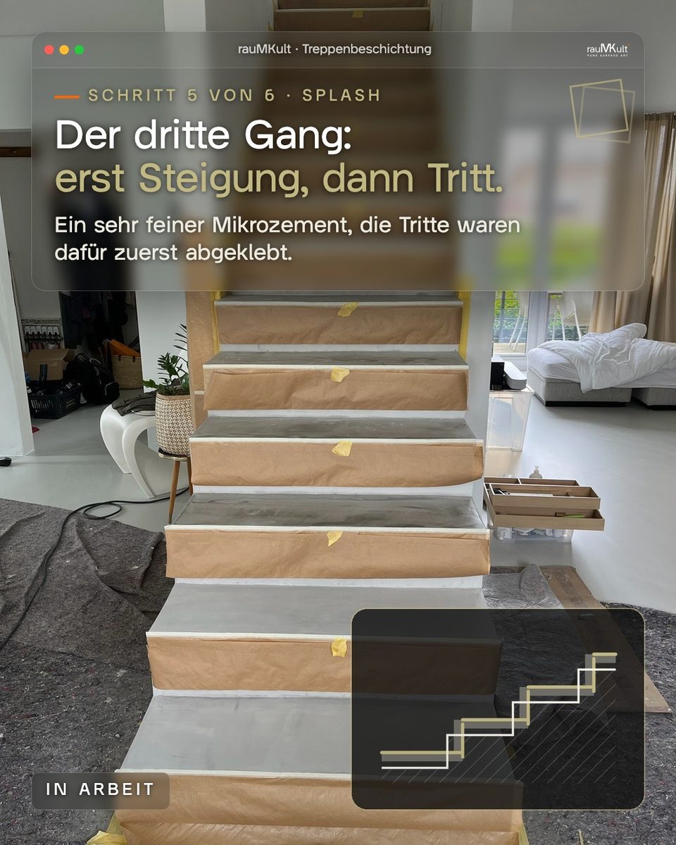 Schritt 5: Papier auf den Tritten, zuerst werden die Steigungen mit Splash gespachtelt, daneben die Stufen-Skizze