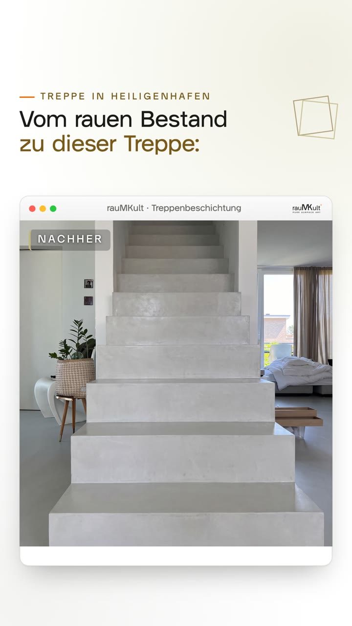 Hochkantvideo: kurz die fertige Treppe, dann die Kellenbahn der Referenzseite, eine Kelle wird über eine Bahn mit sechs Stopps gezogen und Foto, Text und Stufen-Skizze wechseln, danach die fertig versiegelte Treppe