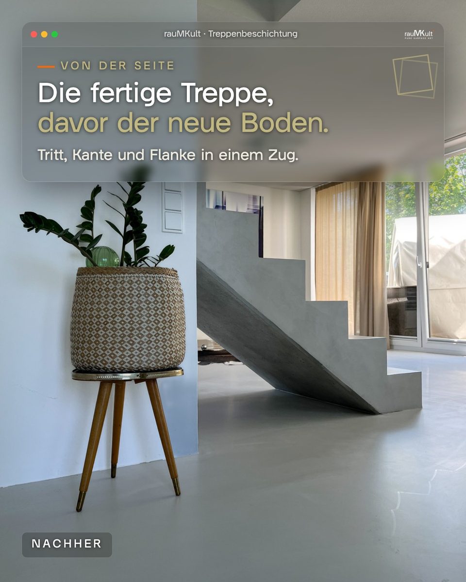Fertige Treppe aus Mikrozement von der Seite, davor der neue Betonboden