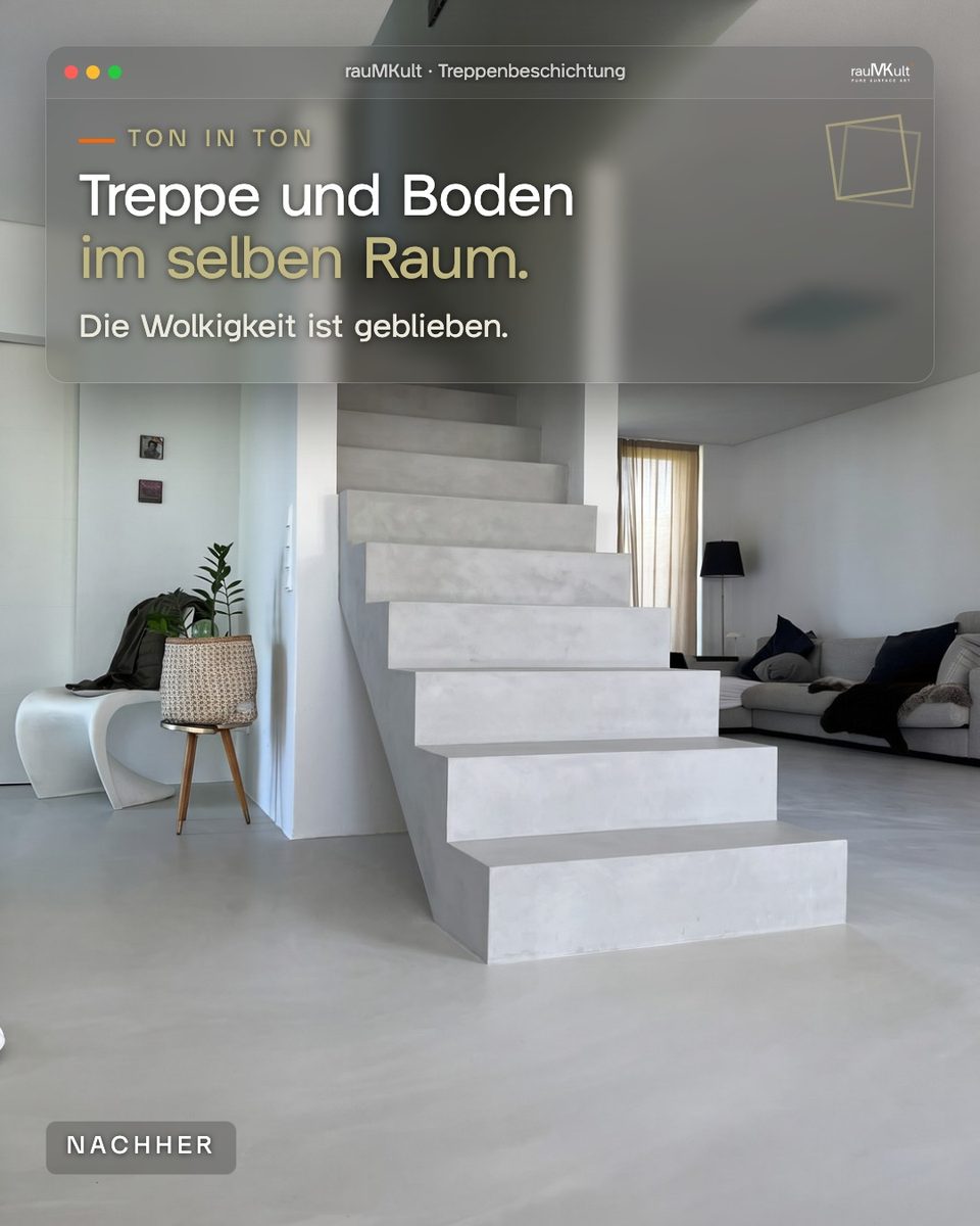 Treppe aus Mikrozement und neuer Betonboden im selben Raum, beide im gleichen Grauton mit Wolkigkeit