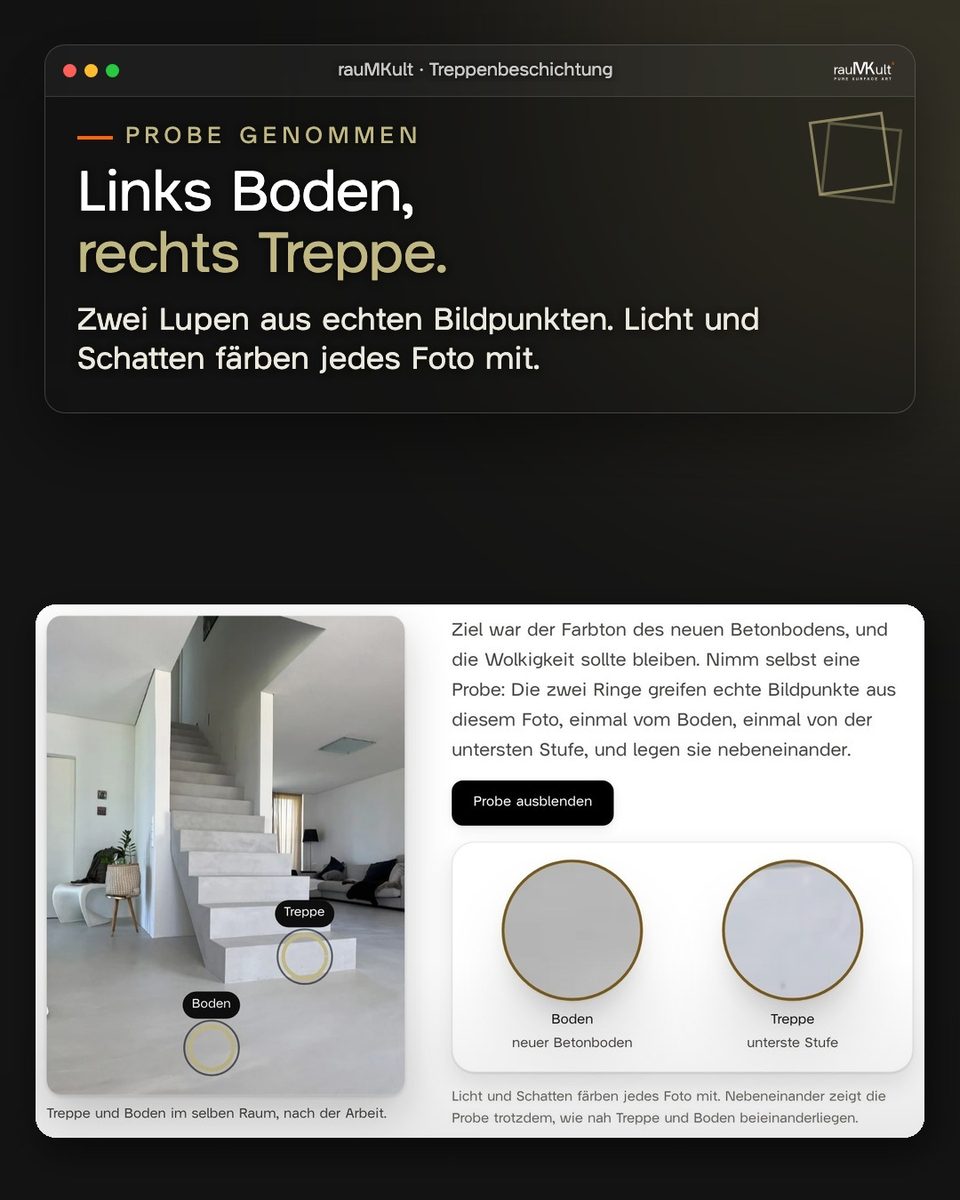Farbprobe der Referenzseite: zwei Lupen aus echten Bildpunkten, links Boden, rechts Treppe