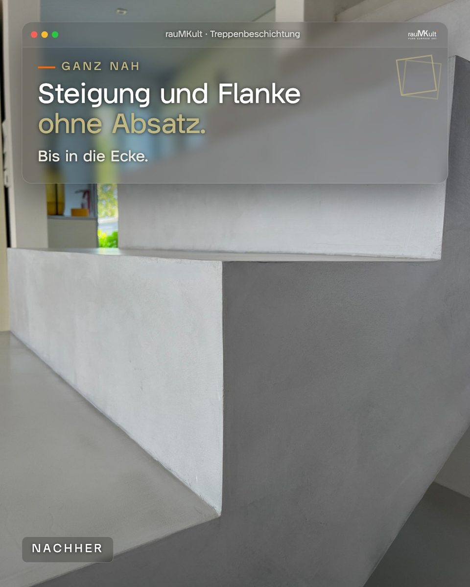 Steigung und Flanke der Mikrozement-Treppe ganz nah, ohne Absatz bis in die Ecke