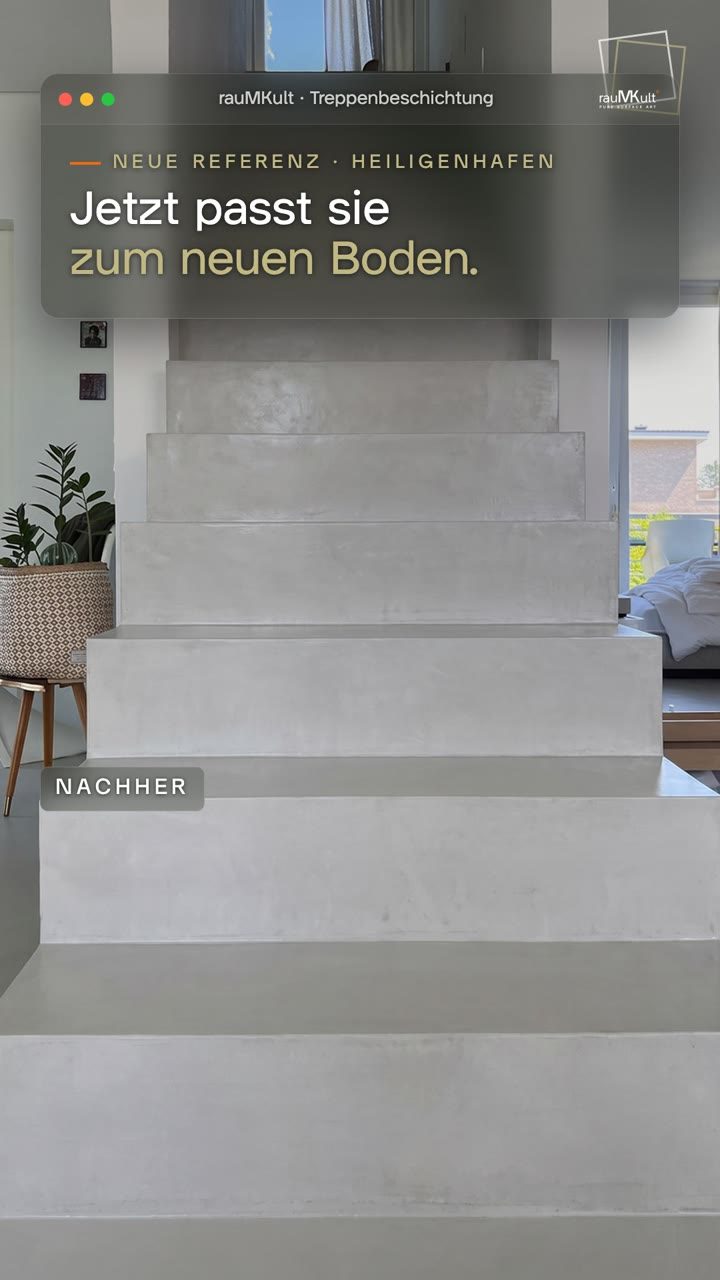 Hochkantvideo im rauMKult-Stil: kurz die fertige Treppe aus Mikrozement frontal, dann die aufbetonierte Bestandstreppe mit rauer Erhöhung, ein Schwenk über die Stufen, Splash wird auf einen Tritt gegossen und verzogen, zum Schluss Treppe und neuer Betonboden im selben Raum