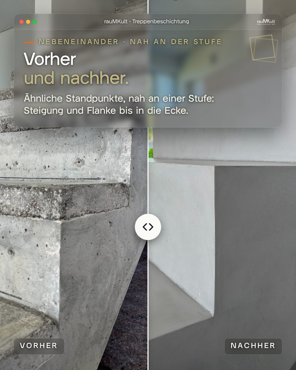 Vorher und nachher nebeneinander, nah an einer Stufe von ähnlichen Standpunkten aufgenommen