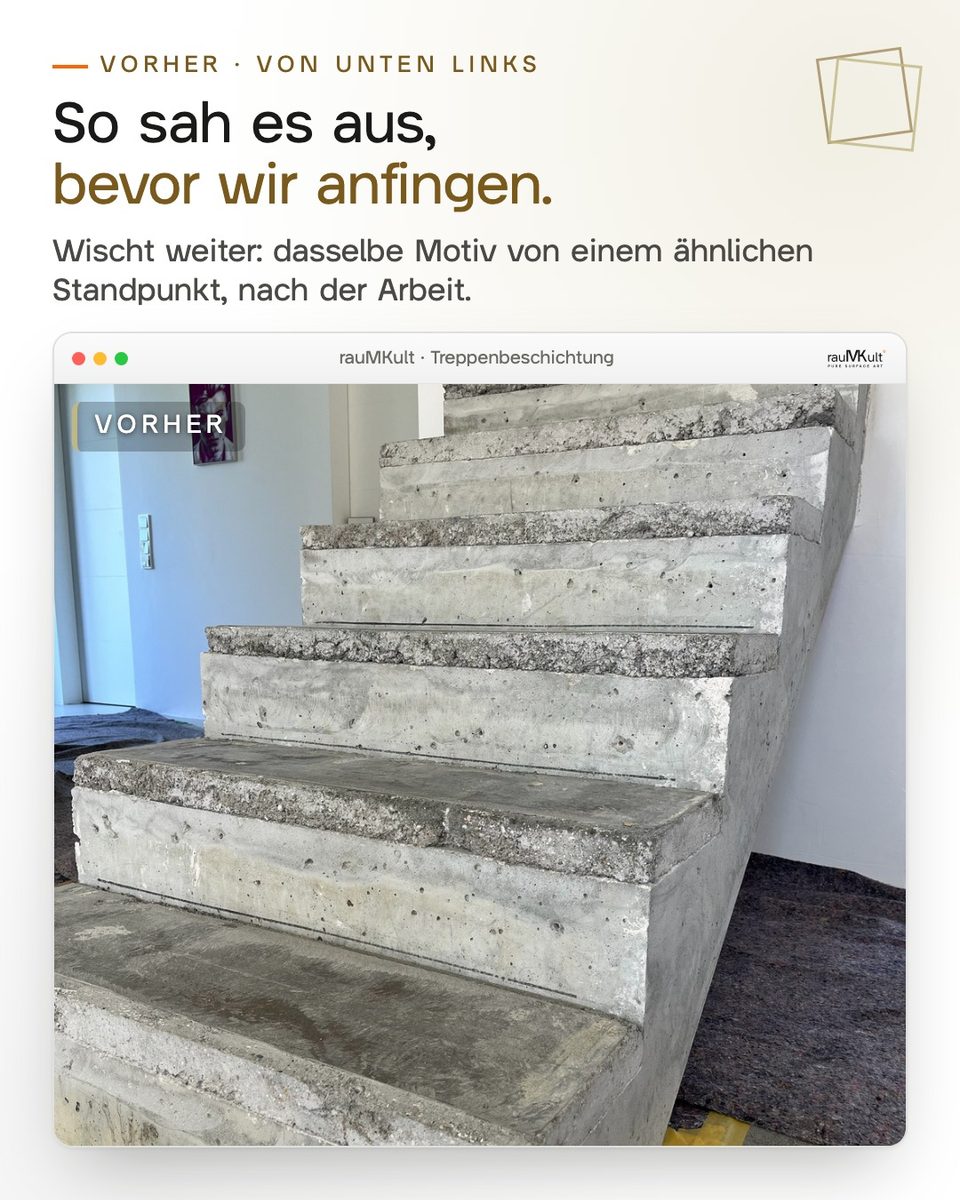 Vorher: aufbetonierte Treppe von unten links, vorspringende raue Kanten der Erhöhung, oben an der Wand ein Bild