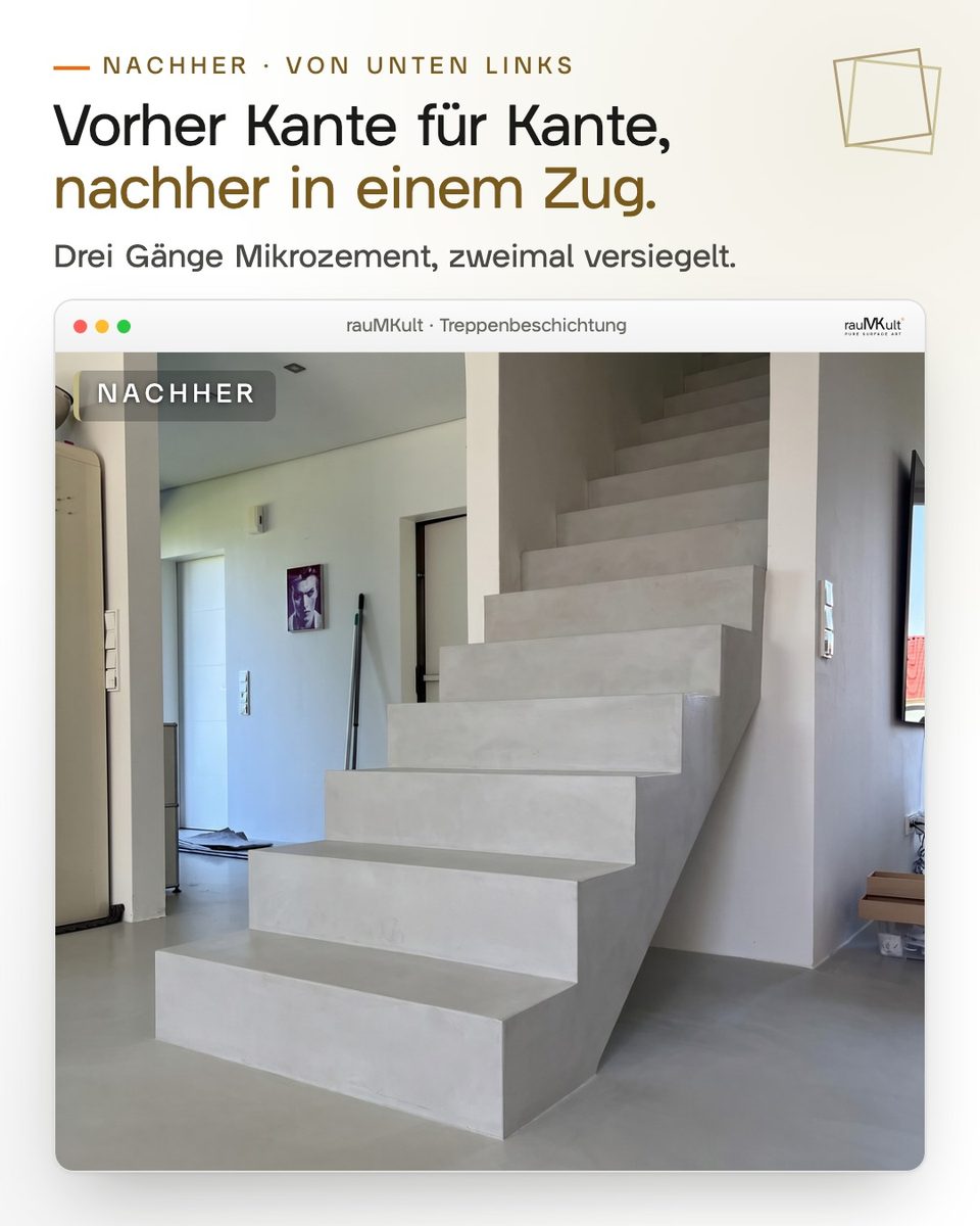 Nachher: Treppe aus Mikrozement von unten links, Tritt, Kante und Flanke laufen in einem Zug, oben an der Wand dasselbe Bild