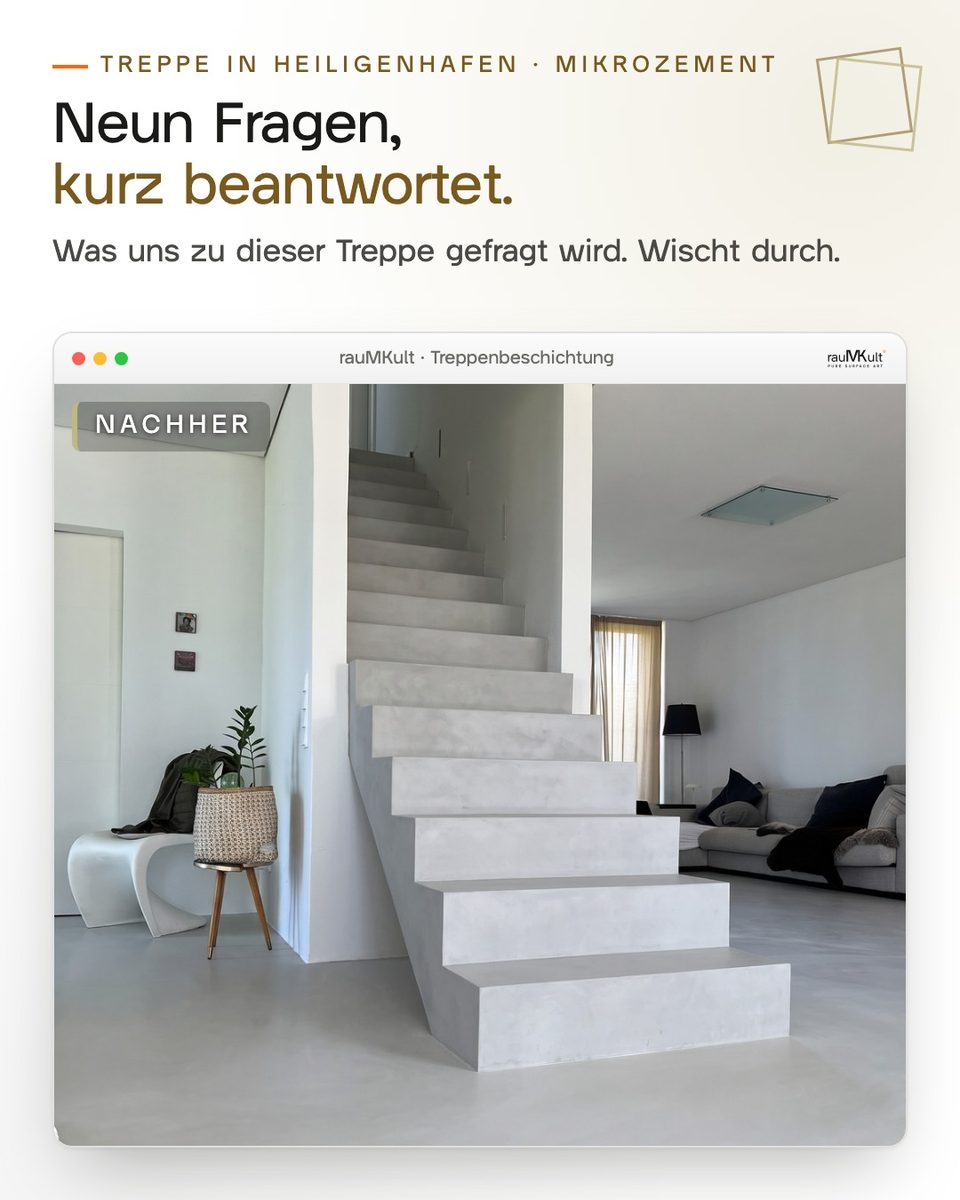 Treppe aus Mikrozement und neuer Betonboden im selben Raum, Titelfolie zu neun Fragen zur Treppe in Heiligenhafen