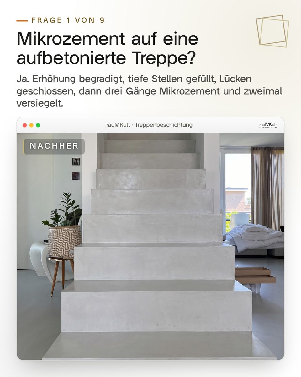 Fertige Mikrozement-Treppe frontal zur Frage, ob man eine aufbetonierte Treppe mit Mikrozement beschichten kann
