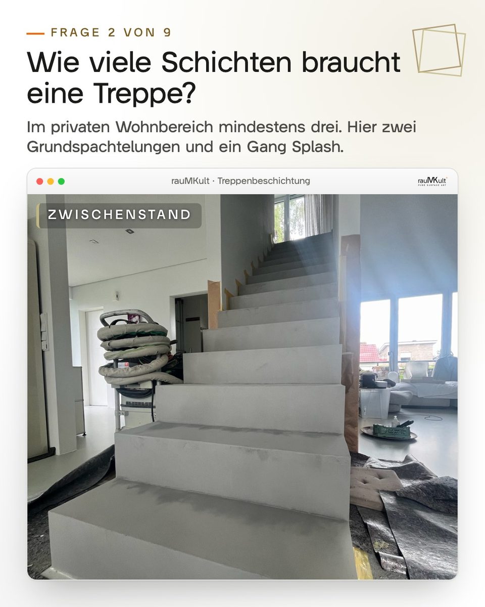 Treppe nach der zweiten Grundspachtelung zur Frage, wie viele Schichten eine Treppe aus Mikrozement braucht