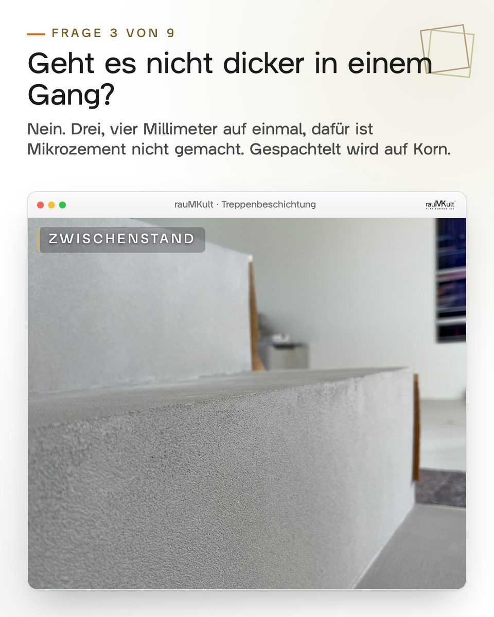 Feine Kornstruktur einer geschliffenen Stufenkante zur Frage, warum Mikrozement nicht dicker in einem Gang geht