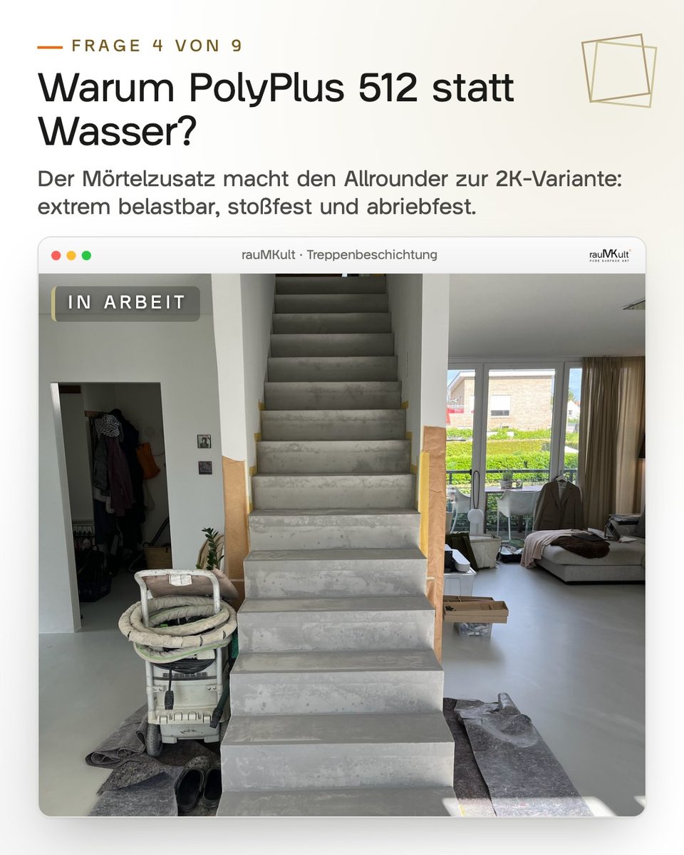 Erste Grundspachtelung noch nass auf der Treppe zur Frage, warum Acrylharzmilch statt Wasser in den Spachtel kommt