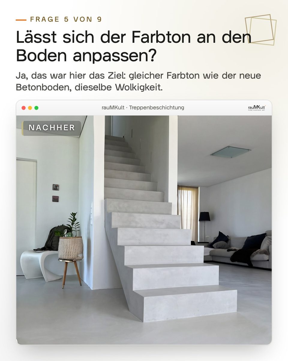 Treppe und neuer Betonboden im gleichen Grauton zur Frage, ob sich der Farbton an den Boden anpassen lässt