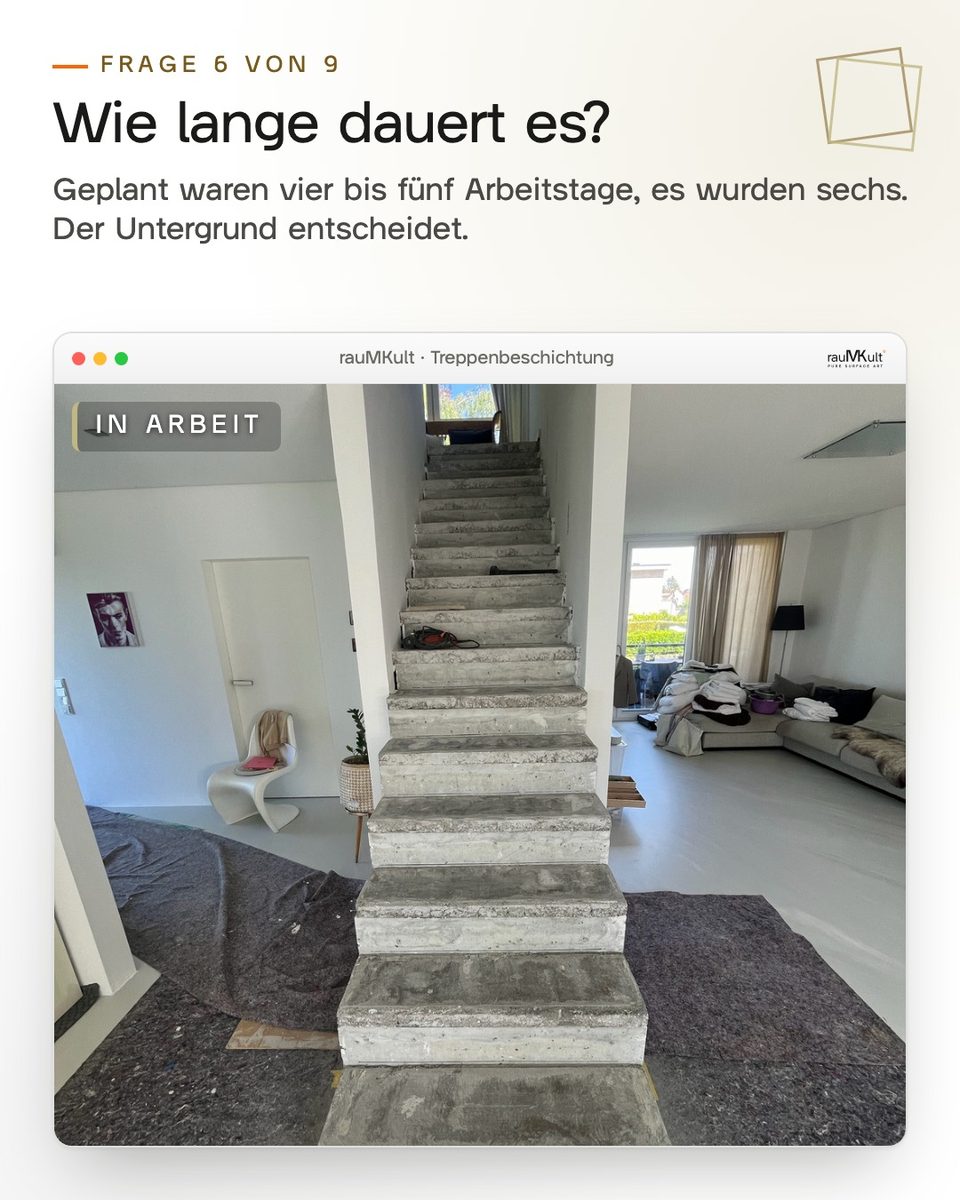 Abgedeckte Treppe mit Klebeband am Antritt zur Frage, wie lange die Beschichtung einer Treppe dauert