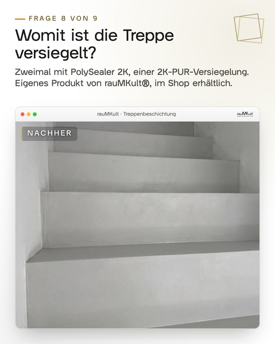 Fertig versiegelte Treppe nah von unten links zur Frage, womit die Treppe versiegelt ist