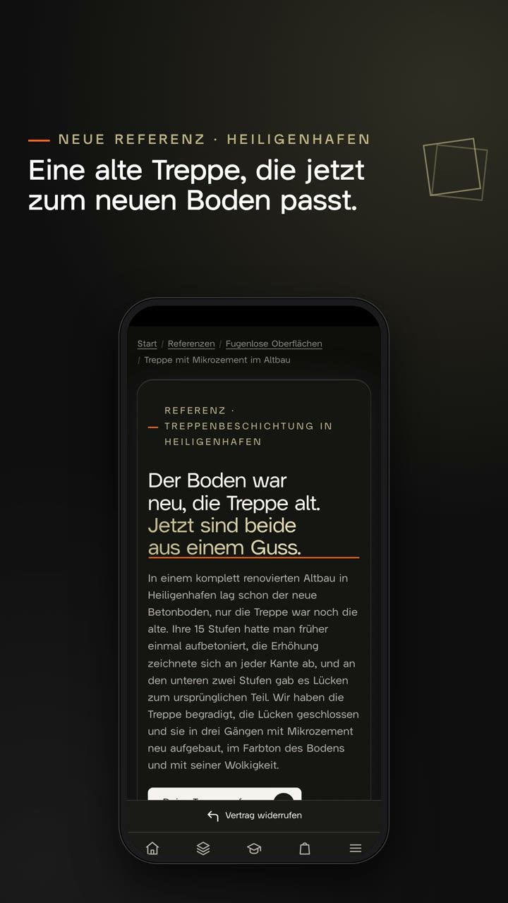 Hochkantvideo: ein Handy zeigt die Referenzseite der Treppe in Heiligenhafen und wird bedient, mit Guss-Einstieg, Bauschild, Ausgangslage mit Markern, Kellenbahn, Werkstattkarten, Vorher und Nachher und zwei Lupen der Farbprobe