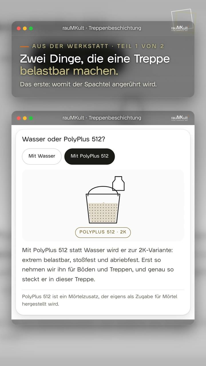 Hochkantvideo: die Werkstattkarte der Referenzseite, auf der Mit Wasser und Mit Acrylharzmilch angetippt werden und sich der Eimer füllt, dann die erste Grundspachtelung nass auf der Treppe und die Stufen ganz nah