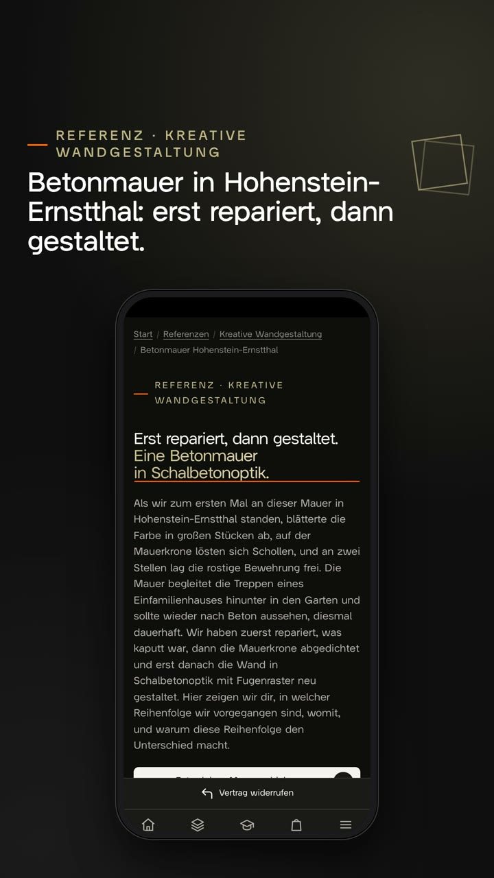 Hochkantvideo: Ein Handy zeigt die Referenzseite zur Betonmauer in Hohenstein-Ernstthal, ein orangefarbener Punkt tippt auf Regler, Knöpfe und Karten zum Umdrehen, am Ende eine Schlusskarte mit dem Knopf „Zur Referenz“