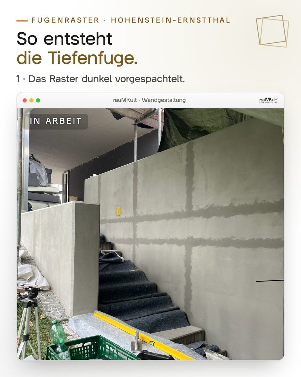 Fugenraster auf der Wand, dunkel vorgespachtelt
