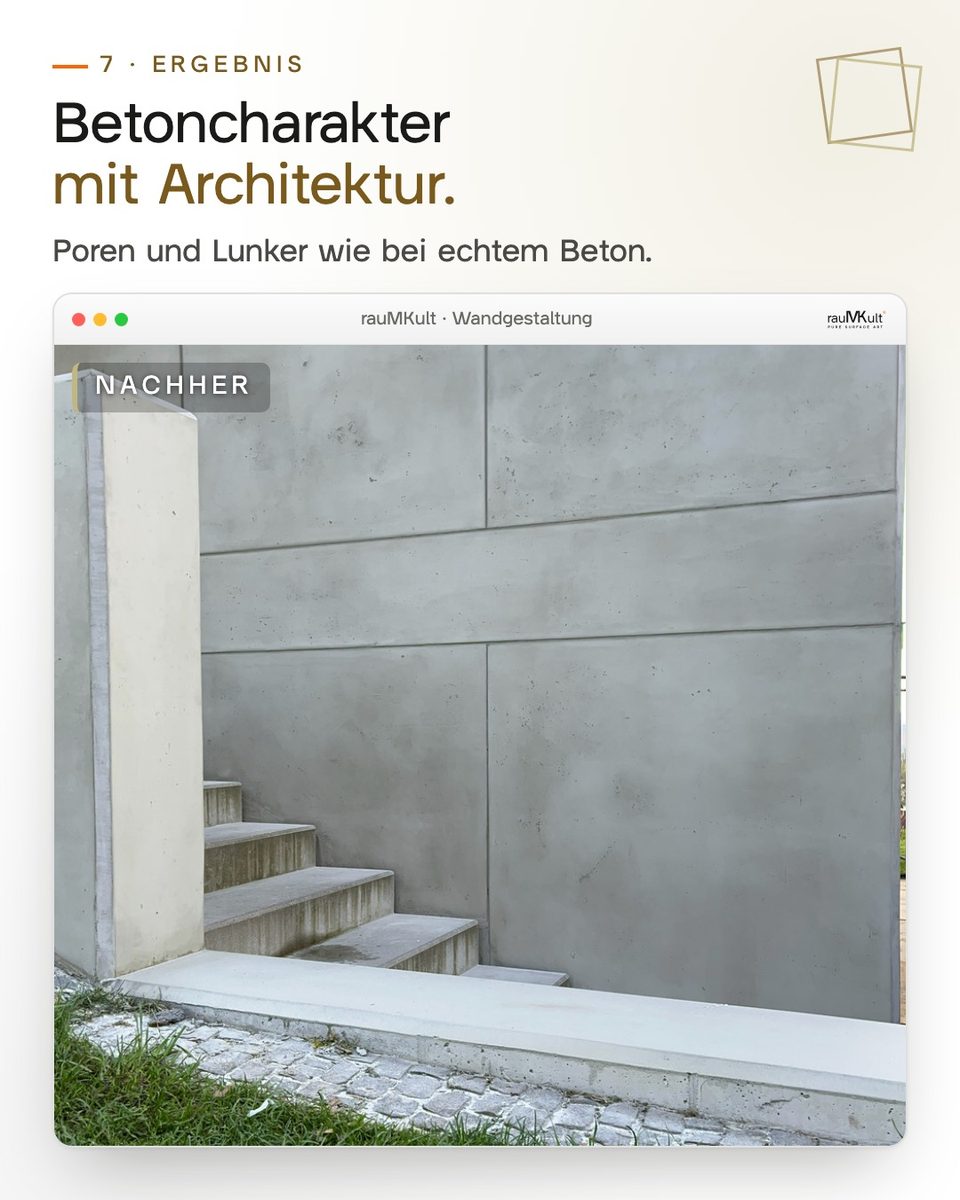 Die fertige Wand in Schalbetonoptik mit Fugenraster an der Treppe