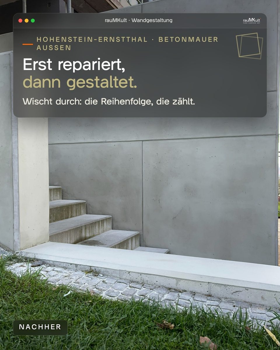 Fertige Betonmauer in Hohenstein-Ernstthal in Schalbetonoptik mit Fugenraster an der Treppe
