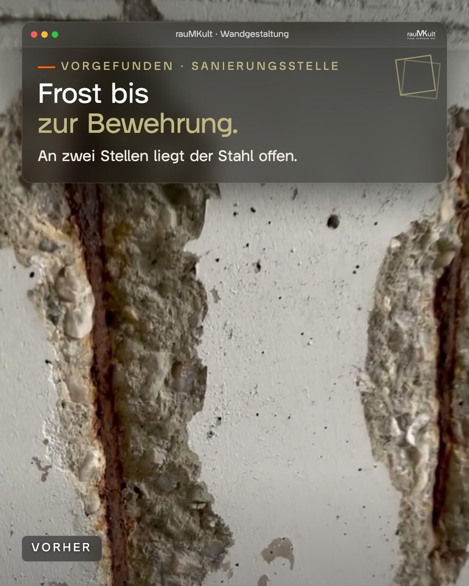 Frostschaden bis zur Bewehrung: An zwei Stellen liegt der Stahl offen