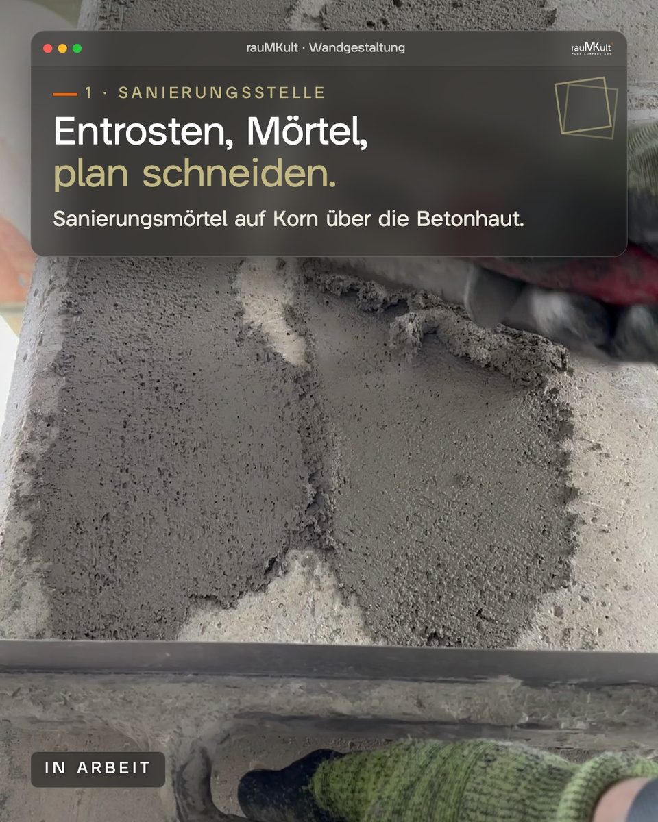Sanierungsstelle in Arbeit: Sanierungsmörtel wird auf Korn aufgetragen