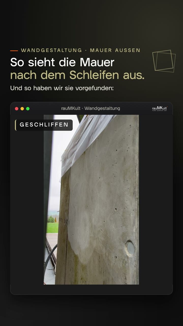 Hochkantvideo: Eine verwitterte Betonmauer im Außenbereich wird Bahn für Bahn mit dem Sanierungsschleifer abgeschliffen, am Anfang die geschliffene Fläche