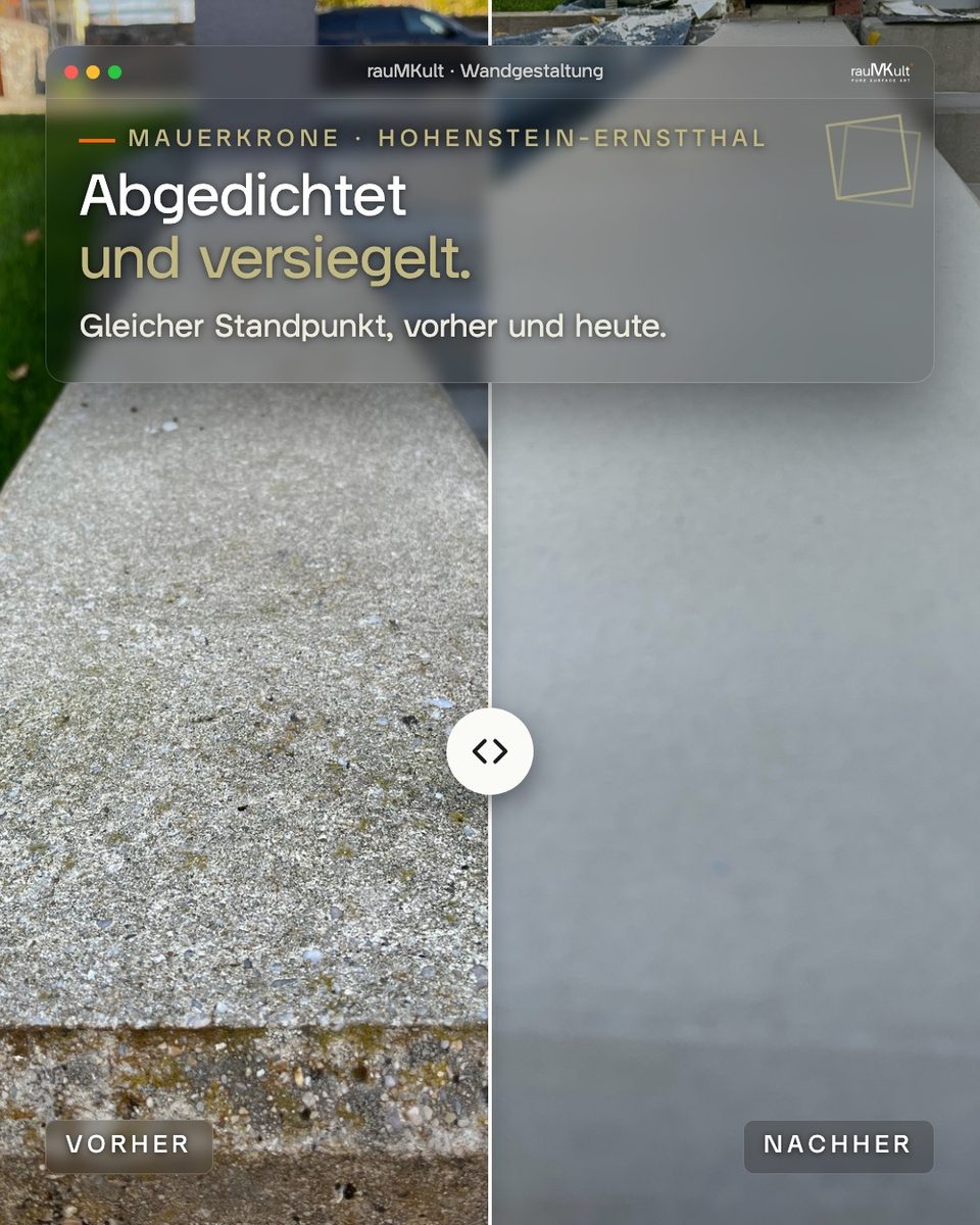 Mauerkrone vom gleichen Standpunkt: links ausgesandet, rechts abgedichtet und versiegelt