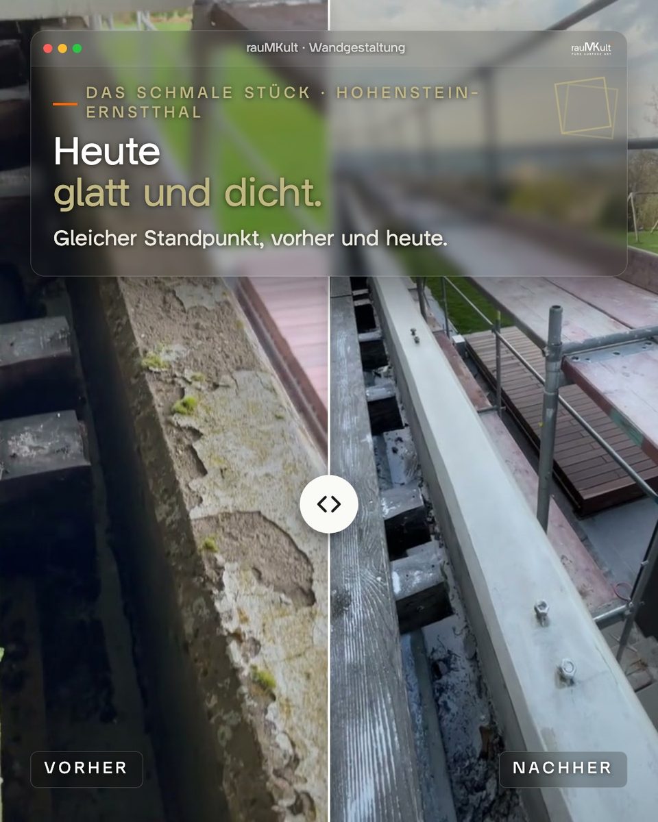 Schmales Stück der Mauerkrone: links mit Mörtelschollen, rechts glatt und dicht