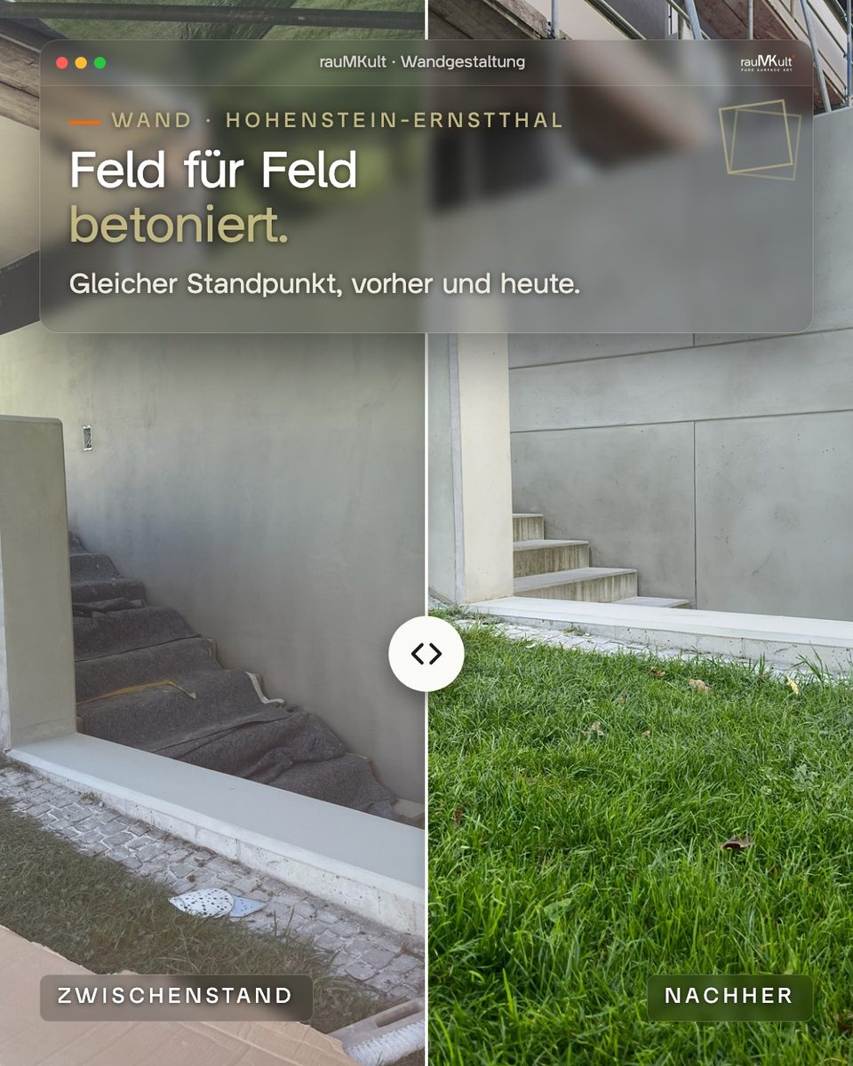 Wand an der Treppe: links der Zwischenstand nach der Grundspachtel, rechts fertig in Schalbetonoptik mit Fugenraster