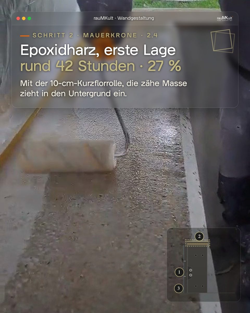 Erste Lage Epoxidharz mit der Kurzflorrolle auf der Mauerkrone