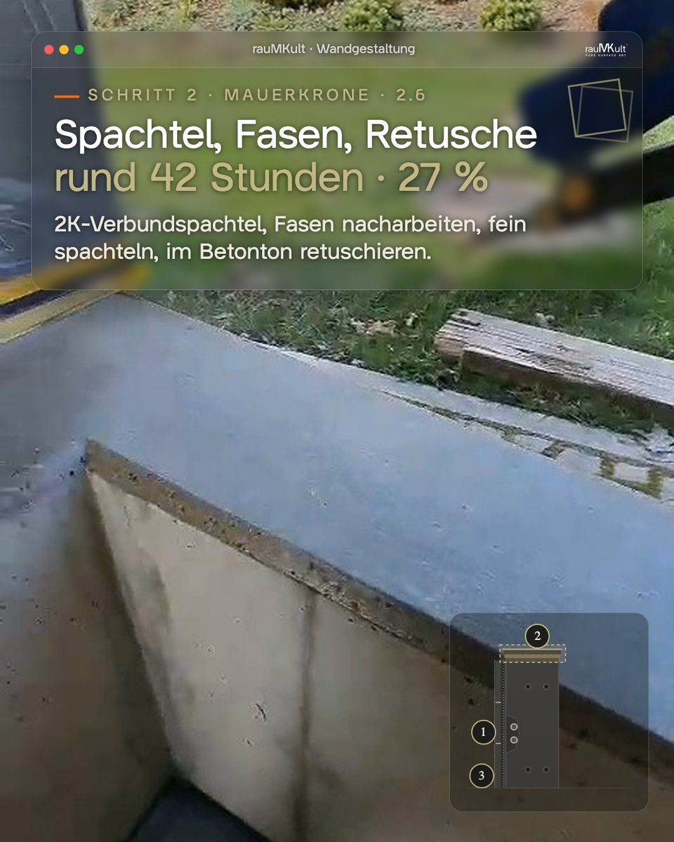 Mauerkrone nach Spachtel, Fasen und Retusche im Betonton