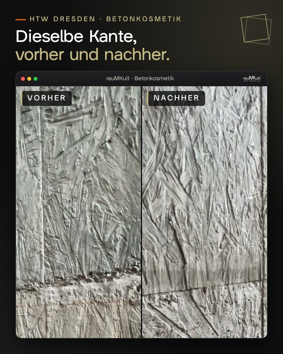 Dieselbe Schalungskante an einer Sichtbetonwand aus OSB-Strukturbeton vorher ausgebrochen und nachher mit nachgebildeter Struktur, nebeneinander