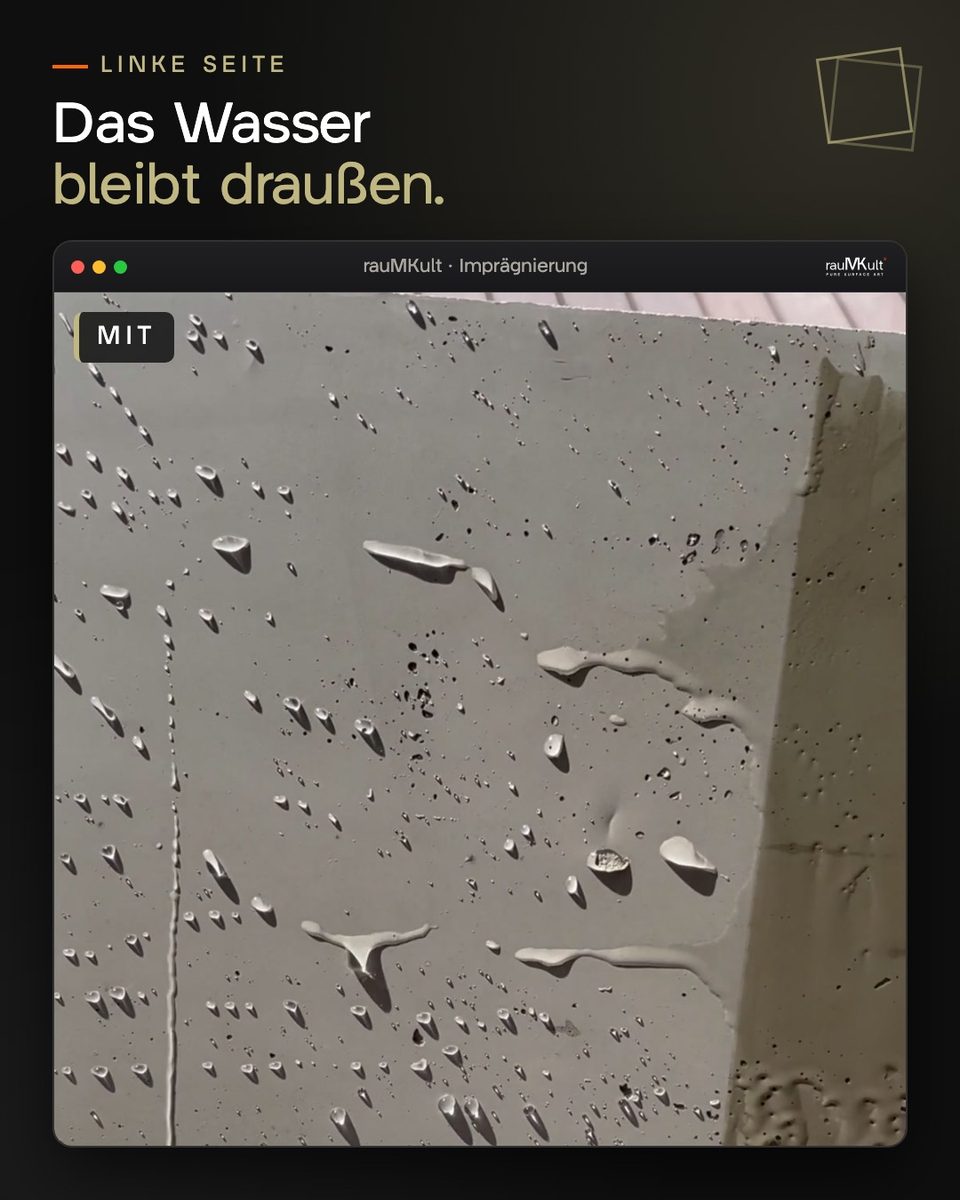Nahaufnahme der imprägnierten Seite, auf der das Wasser in Tropfen abperlt