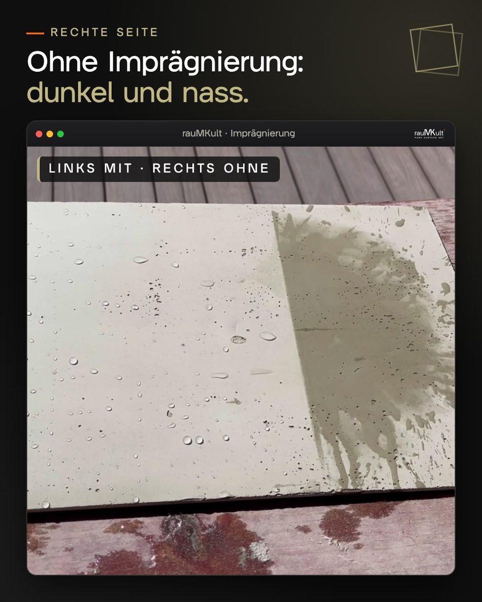 Beide Hälften der Musterplatte im Vergleich, die rechte Seite ohne Imprägnierung dunkel und nass