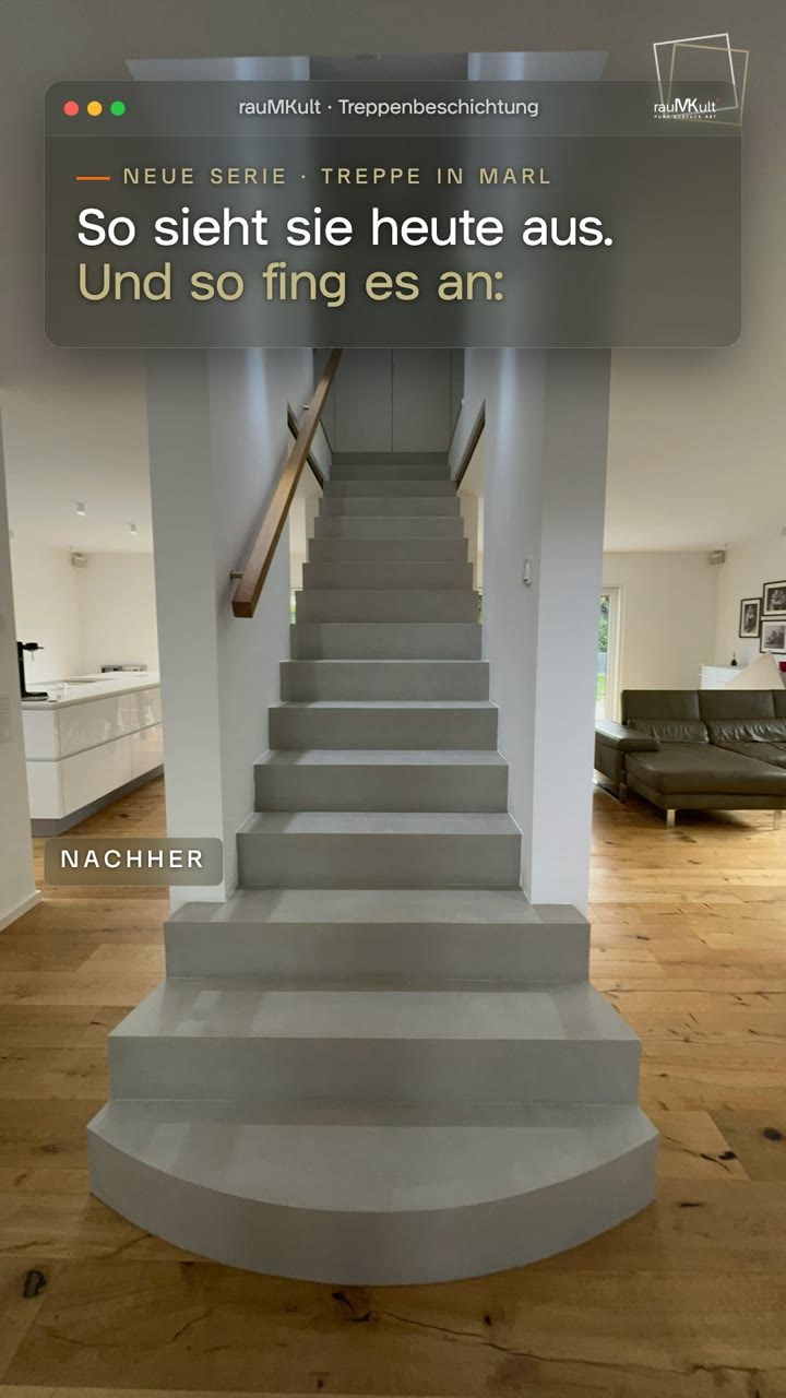 Hochkantvideo: kurz die fertige Treppe aus Beton Ciré, dann Spiegelscherben auf den Stufen, Einschläge im Tritt und eine abgeplatzte Stufenkante
