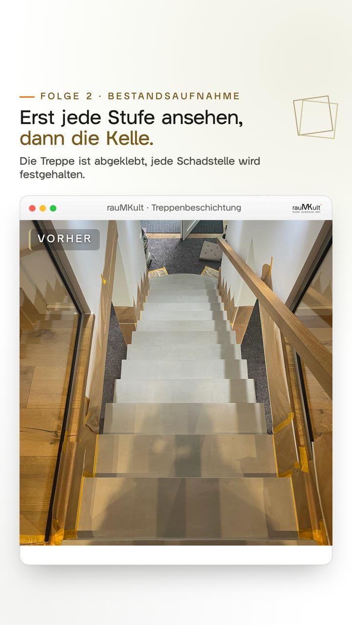 Hochkantvideo: die abgeklebte Treppe aus Beton Ciré von oben, dann ein Gang über die Stufen mit vielen grundierten Einschlagstellen der Scherben