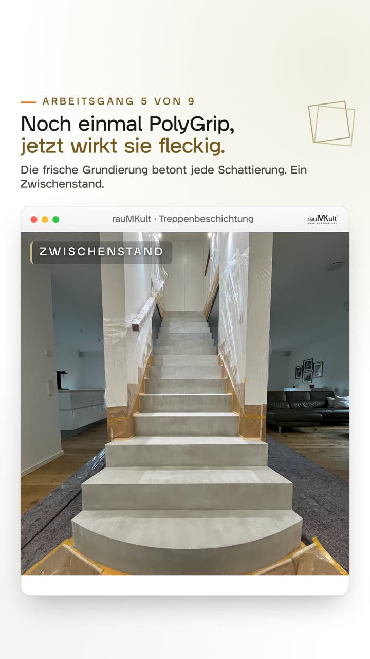 Hochkantvideo: die Treppe aus Beton Ciré nach dem Schliff frisch grundiert und fleckig, dann mit der zweiten Lage, noch nass und dunkler