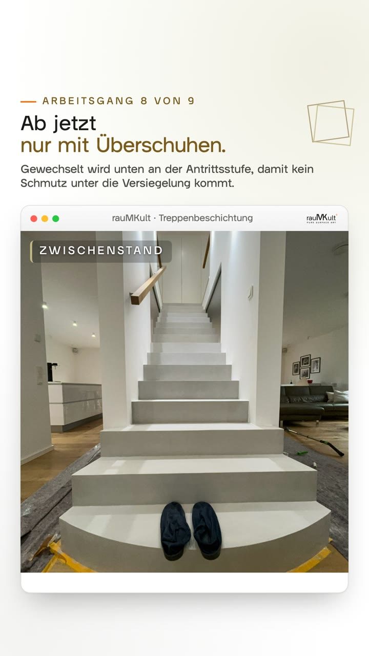 Hochkantvideo: die gereinigte Treppe aus Beton Ciré mit Überschuhen auf der Antrittsstufe, dann das Gebinde PolySealer 2K vor den versiegelten Stufen