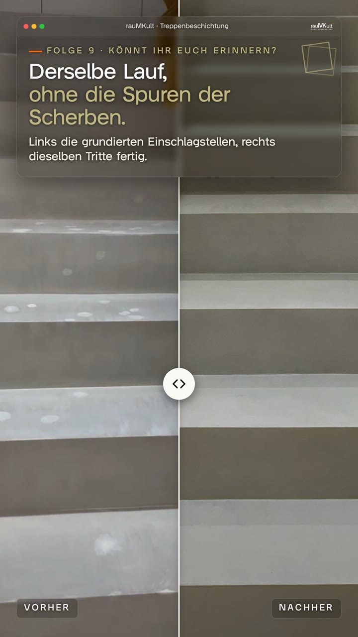 Hochkantvideo: links Tritte mit grundierten Einschlagstellen, rechts derselbe Lauf fertig versiegelt, dann die fertige Treppe aus Beton Ciré vom Wohnraum, die runde Antrittsstufe, die Treppe unter dem Glasgeländer und ein Detail von Tritt und Kante